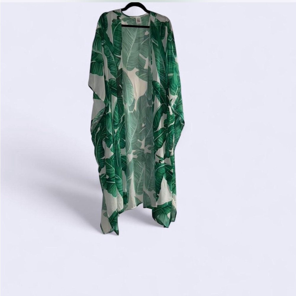 Tropical Green Leaf Print Swim Cover-Up